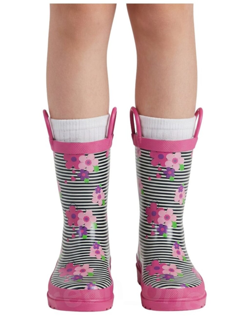 Lily & Dan Kids Girls Pink Floral Striped Pull-On Handle Rain Boots Size 13/1